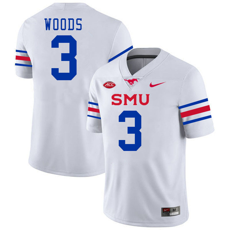 SMU Mustangs #3 Charles Woods Jersey College Football Uniforms-White